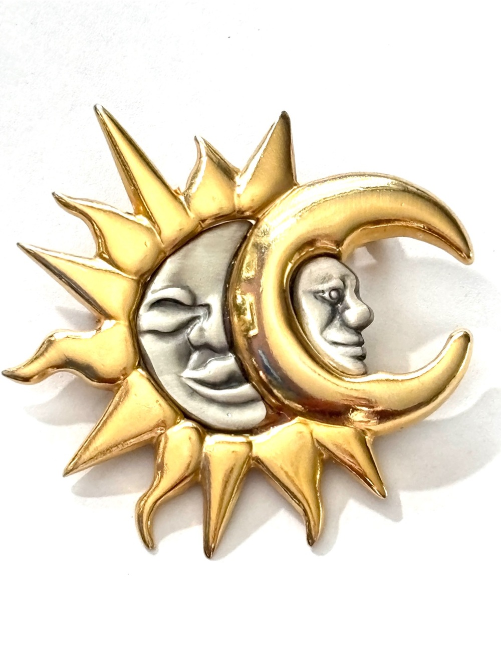 Vintage FAF Signed Diane Fafard 90s Celestial Sun Moon Gold Silver Tone Brooch